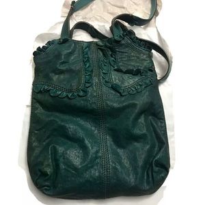 LUCKY BRAND Teal Ruffles Italian Lamb Leather Shoulder Bag Handbag Tote Purse Ra